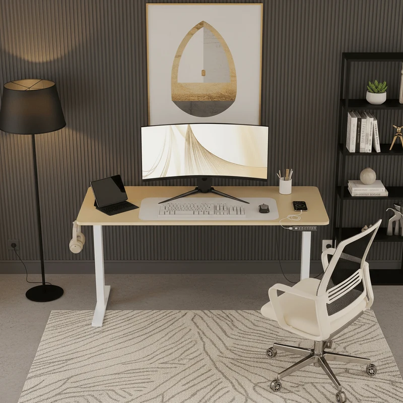 Bureau Assis Debout Électrique 120x60cm Réglable en Hauteur avec Port USB, Fonction Mémoire et Porte Casque Latéral