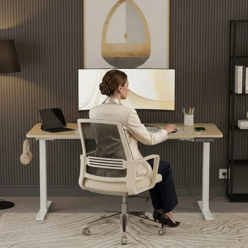 Bureau Assis Debout Électrique 120x60cm Réglable en Hauteur avec Port USB, Fonction Mémoire et Porte Casque Latéral