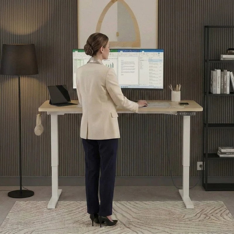 Bureau Assis Debout Électrique 120x60cm Réglable en Hauteur avec Port USB, Fonction Mémoire et Porte Casque Latéral