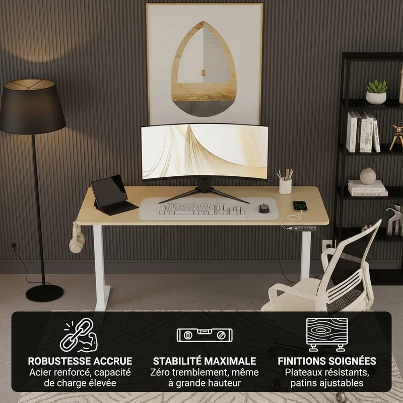 Bureau Assis Debout Électrique 120x60cm Réglable en Hauteur avec Port USB, Fonction Mémoire et Porte Casque Latéral