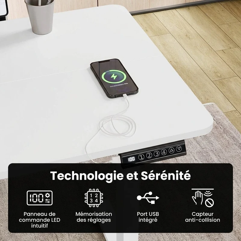 Bureau Assis Debout Électrique 120x60cm Réglable en Hauteur avec Port USB, Fonction Mémoire et Porte Casque Latéral