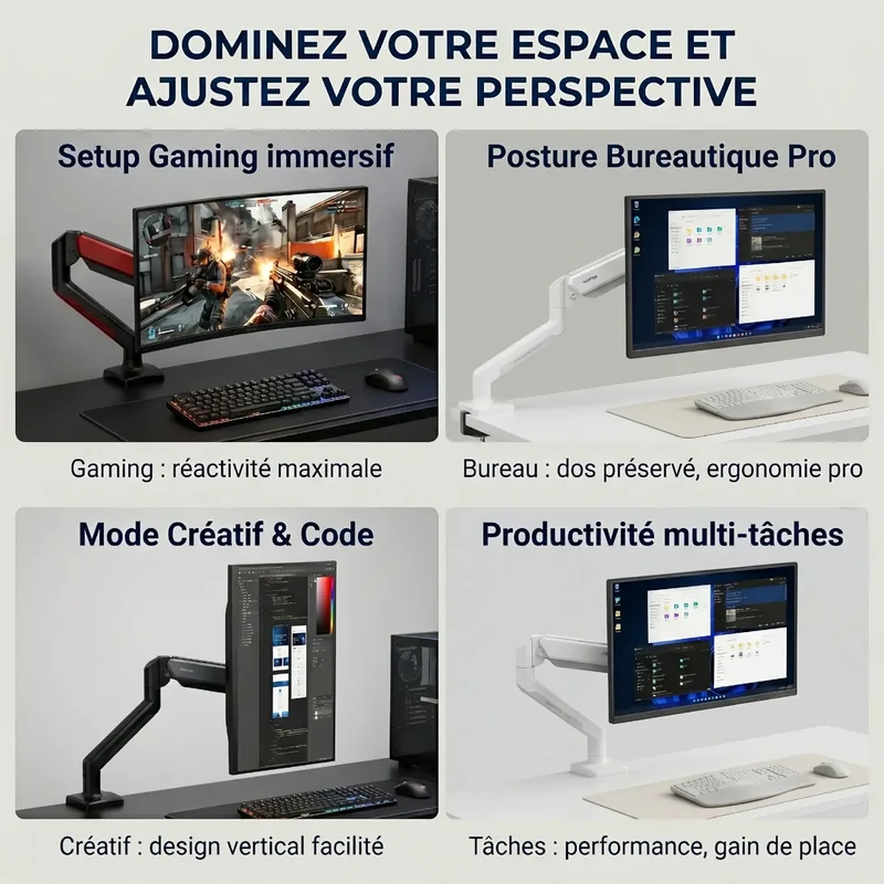 Bras écran PC Kineos-1 en Aluminium - Ressort à gaz Premium - Ergonomie & Gain de place