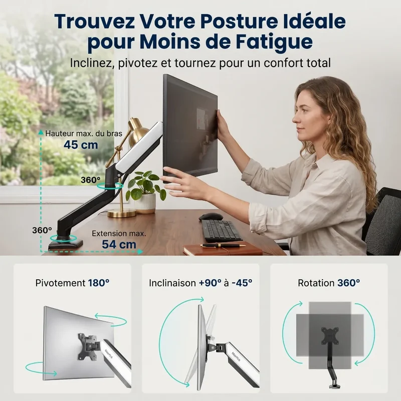 Bras écran PC Kineos-1 en Aluminium - Ressort à gaz Premium - Ergonomie & Gain de place