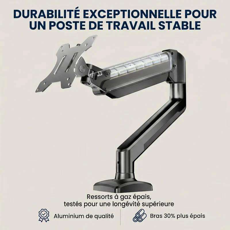 Bras écran PC Kineos-1 en Aluminium - Ressort à gaz Premium - Ergonomie & Gain de place