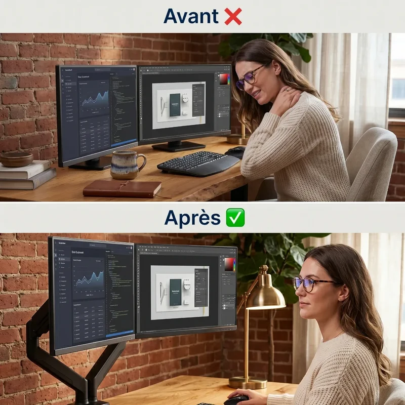 Bras Écran PC Double Bras DualForce Pro - Soulage les Cervicales & Libère l'Espace