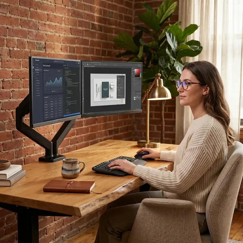 Bras Écran PC Double Bras DualForce Pro - Soulage les Cervicales & Libère l'Espace