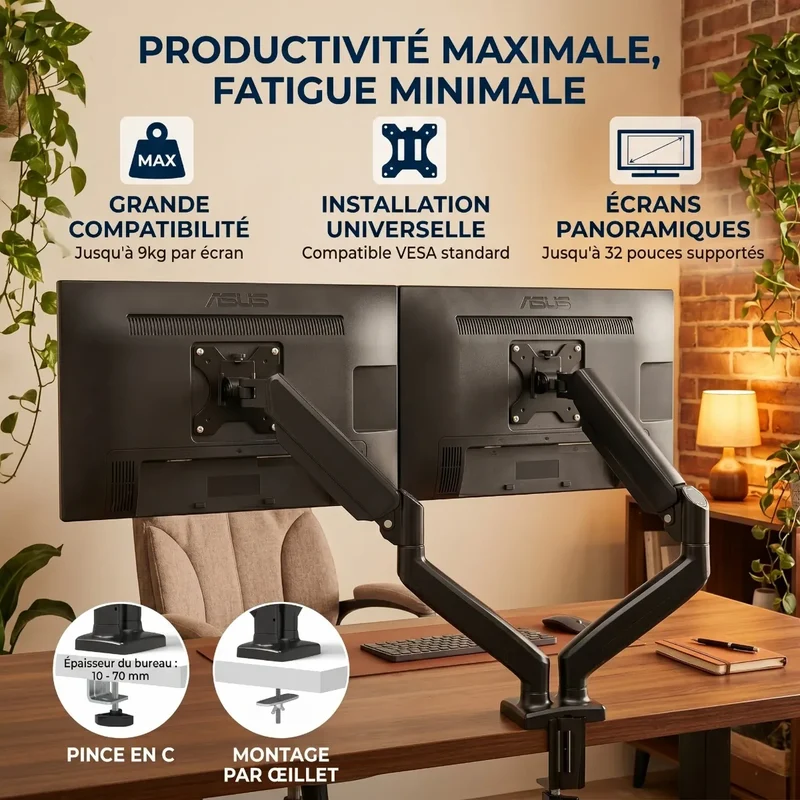 Bras Écran PC Double Bras DualForce Pro - Soulage les Cervicales & Libère l'Espace