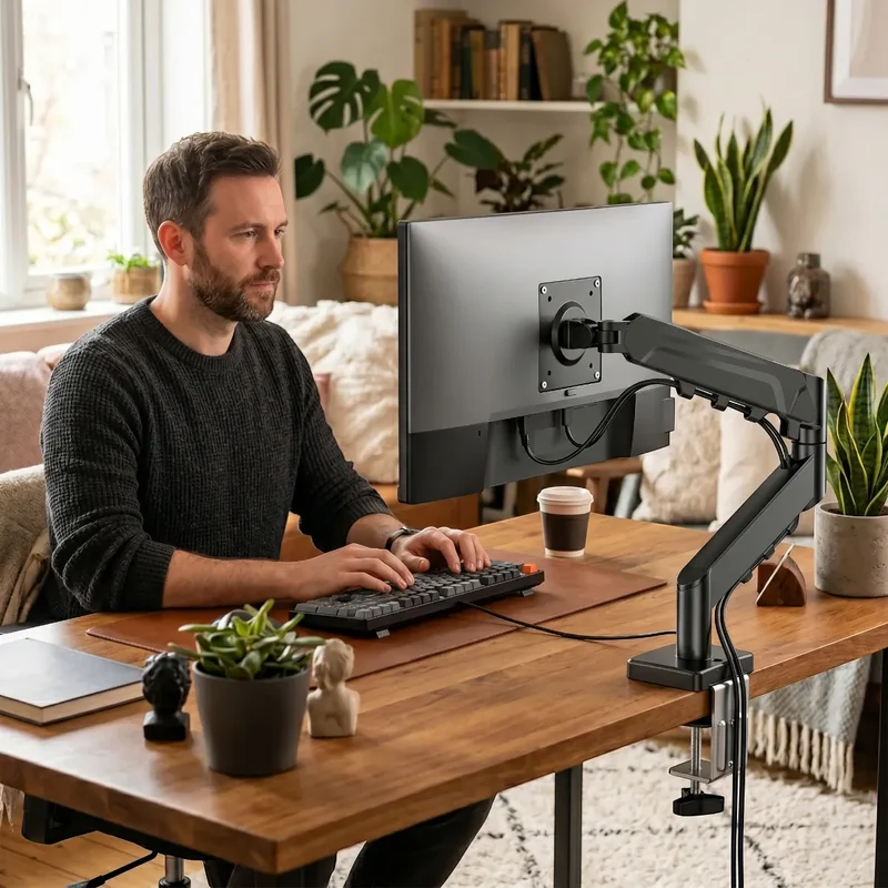 Bras écran PC ZenMotion Pro - Ressort à Gaz & Passe-Câbles Intégré - Posture Saine & Bureau Épuré