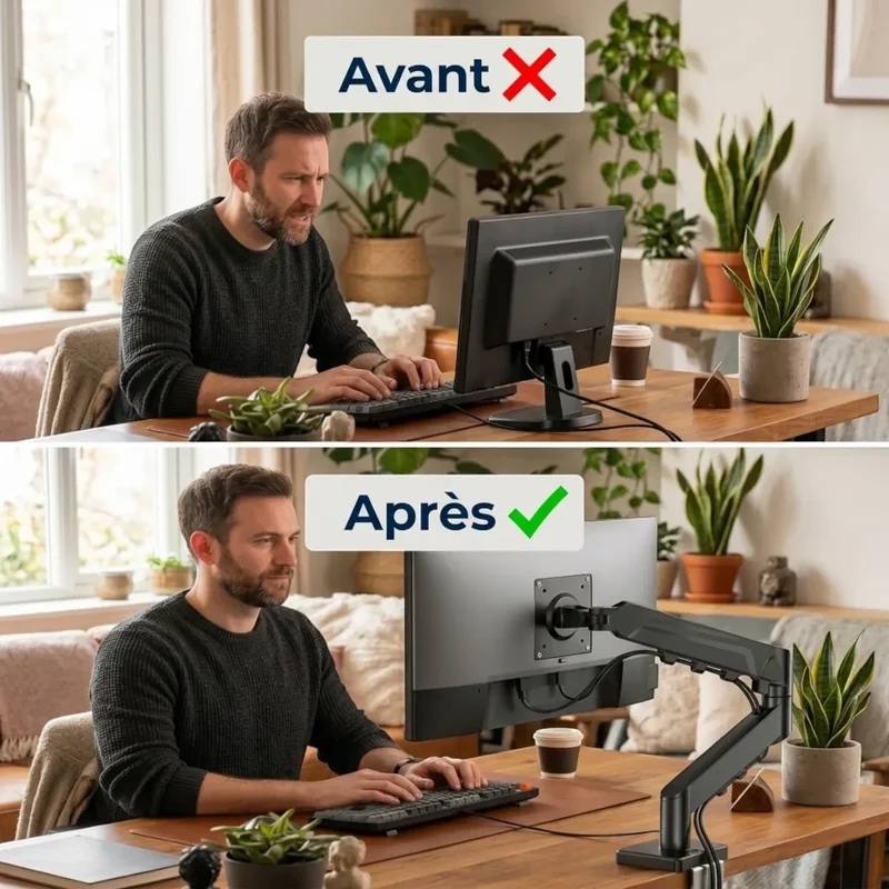 Bras écran PC ZenMotion Pro - Ressort à Gaz & Passe-Câbles Intégré - Posture Saine & Bureau Épuré