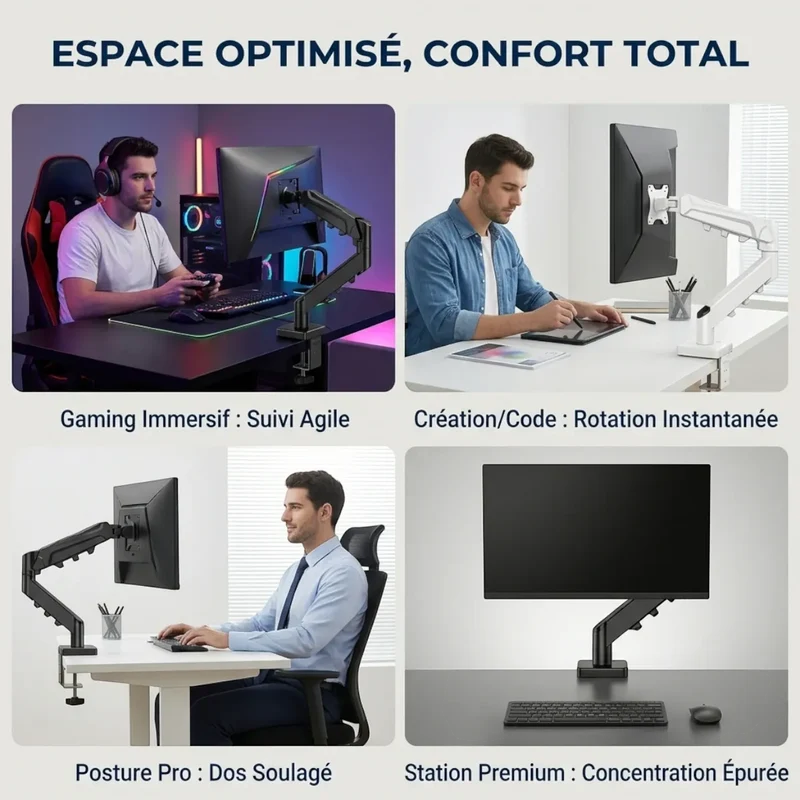 Bras écran PC ZenMotion Pro - Ressort à Gaz & Passe-Câbles Intégré - Posture Saine & Bureau Épuré