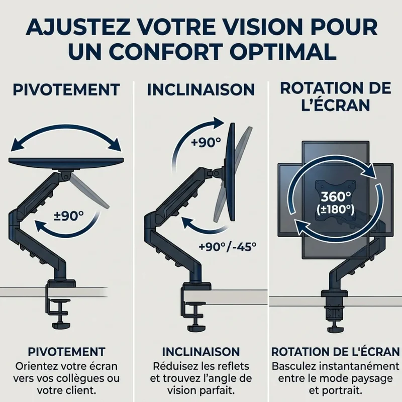 Bras écran PC ZenMotion Pro - Ressort à Gaz & Passe-Câbles Intégré - Posture Saine & Bureau Épuré