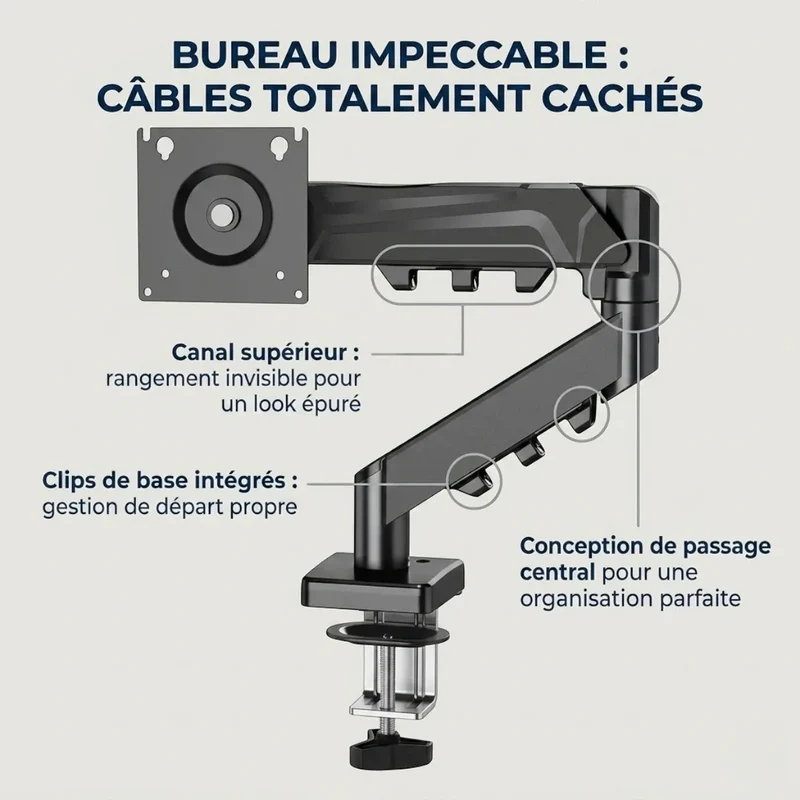 Bras écran PC ZenMotion Pro - Ressort à Gaz & Passe-Câbles Intégré - Posture Saine & Bureau Épuré