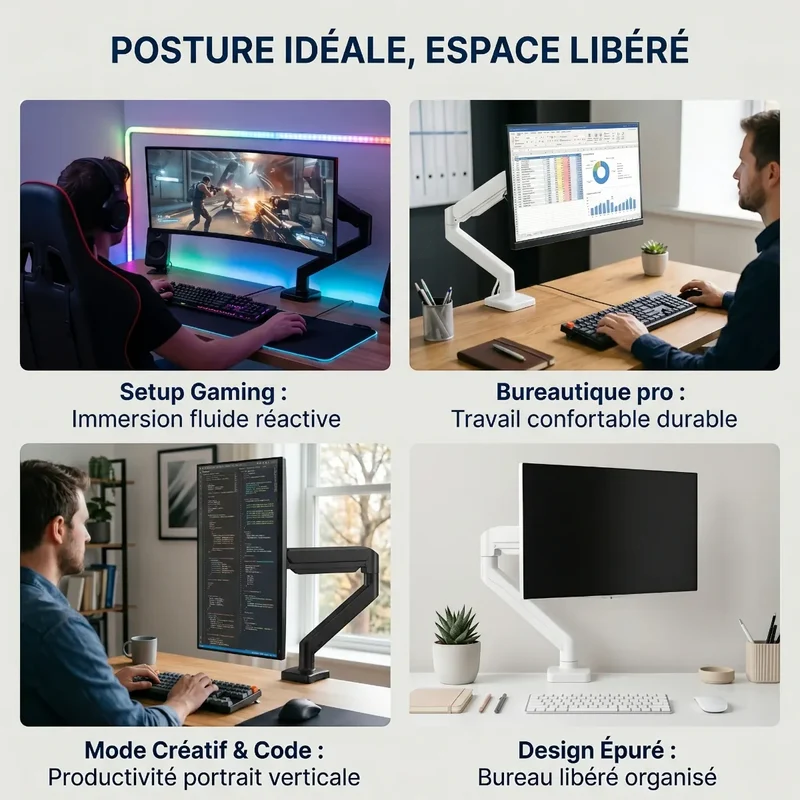 Bras écran PC AeroFlex Pro Acier Articulé - Posture ergonomique & Gain de place