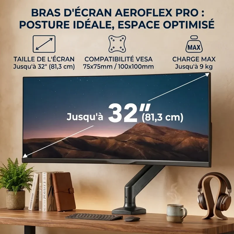 Bras écran PC AeroFlex Pro Acier Articulé - Posture ergonomique & Gain de place
