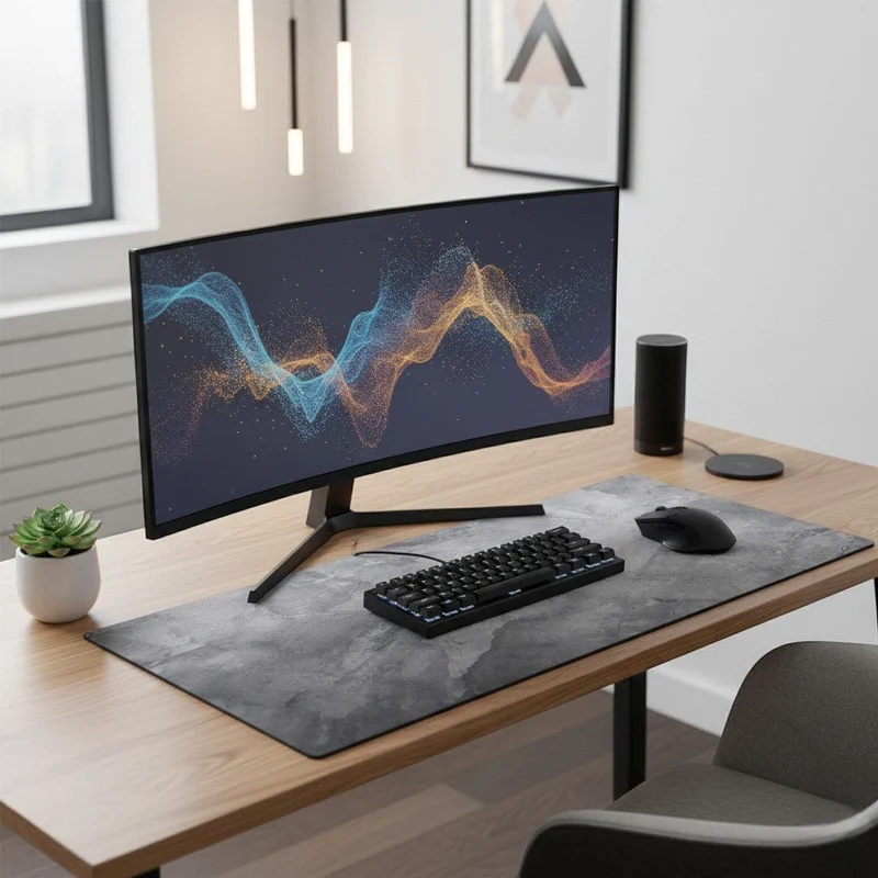 Tapis de Souris XXL Gris Marbré - Station de Travail Étendue pour Télétravail