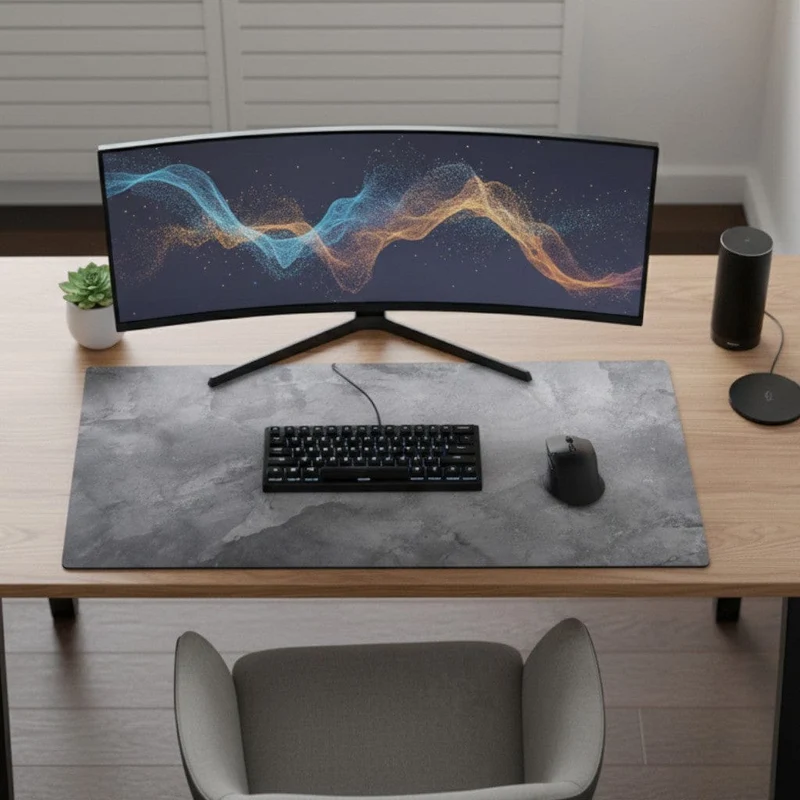 Tapis de Souris XXL Gris Marbré - Station de Travail Étendue pour Télétravail