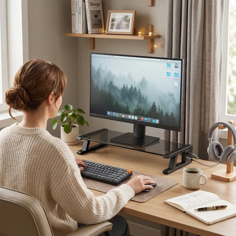 Support écran PC VisionHub en Verre Trempé - Hub 4 USB - Posture ergonomique & Rangement