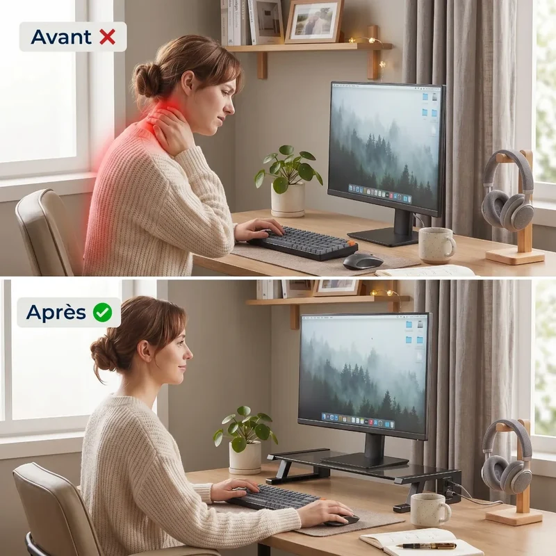 Support écran PC VisionHub en Verre Trempé - Hub 4 USB - Posture ergonomique & Rangement
