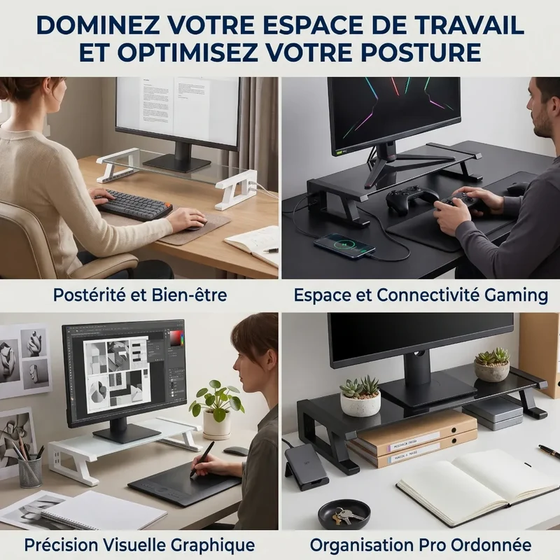 Support écran PC VisionHub en Verre Trempé - Hub 4 USB - Posture ergonomique & Rangement