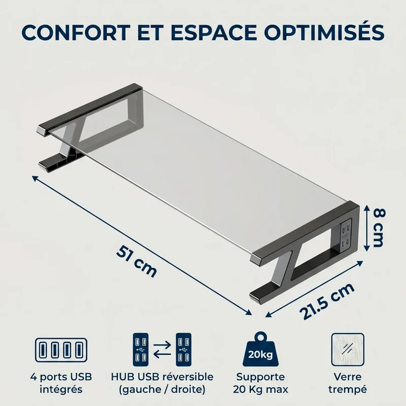 Support écran PC VisionHub en Verre Trempé - Hub 4 USB - Posture ergonomique & Rangement
