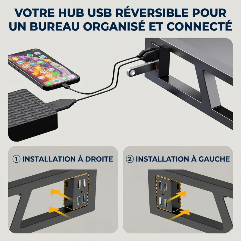 Support écran PC VisionHub en Verre Trempé - Hub 4 USB - Posture ergonomique & Rangement