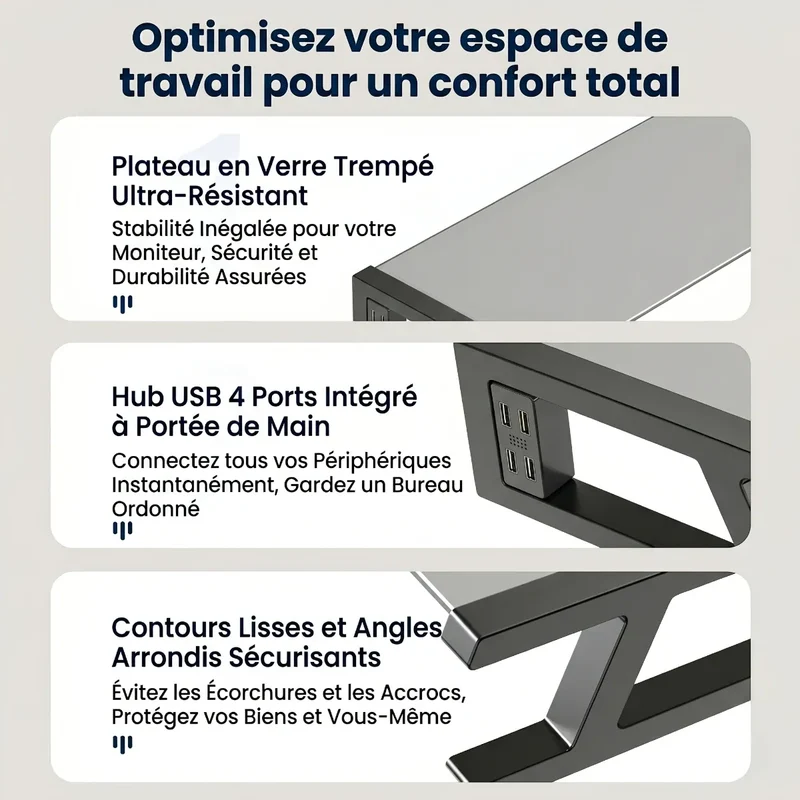 Support écran PC VisionHub en Verre Trempé - Hub 4 USB - Posture ergonomique & Rangement