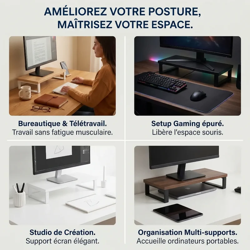 Support écran PC Kora - Bois et Acier - Format compact - Posture ergonomique & Rangement