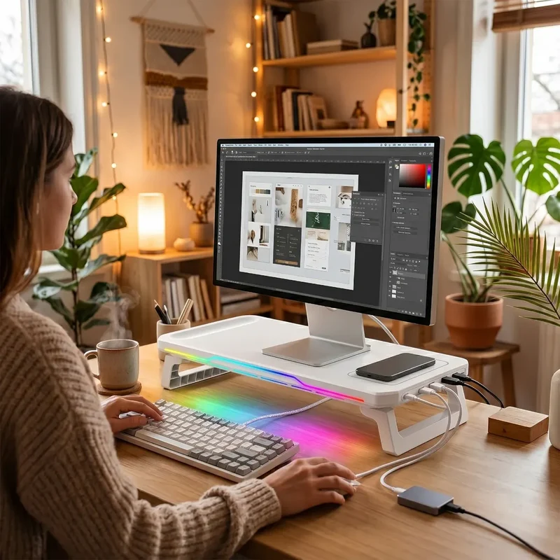 Support Écran PC CosyGlow : Éclairage RGB, Hub USB & Recharge Sans Fil