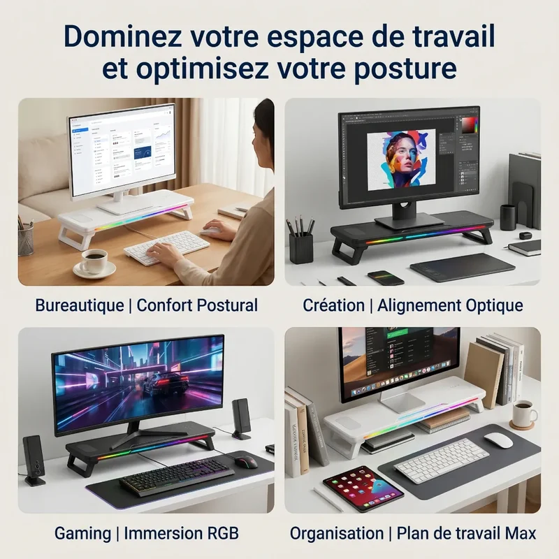 Support Écran PC CosyGlow : Éclairage RGB, Hub USB & Recharge Sans Fil