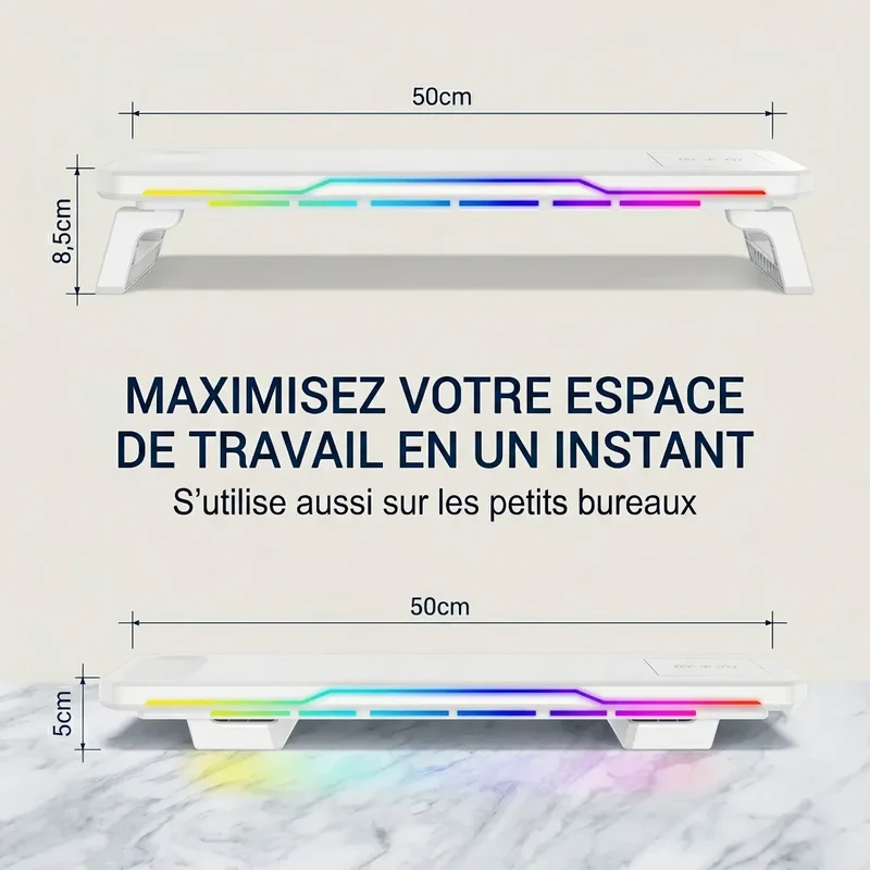 Support Écran PC CosyGlow : Éclairage RGB, Hub USB & Recharge Sans Fil