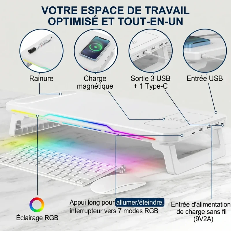 Support Écran PC CosyGlow : Éclairage RGB, Hub USB & Recharge Sans Fil
