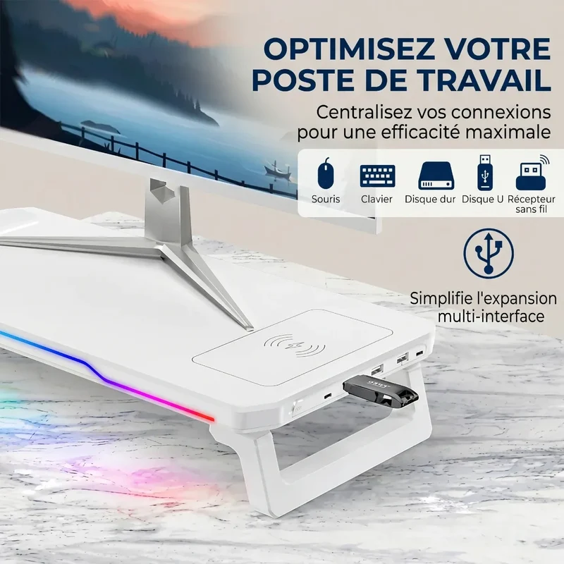 Support Écran PC CosyGlow : Éclairage RGB, Hub USB & Recharge Sans Fil