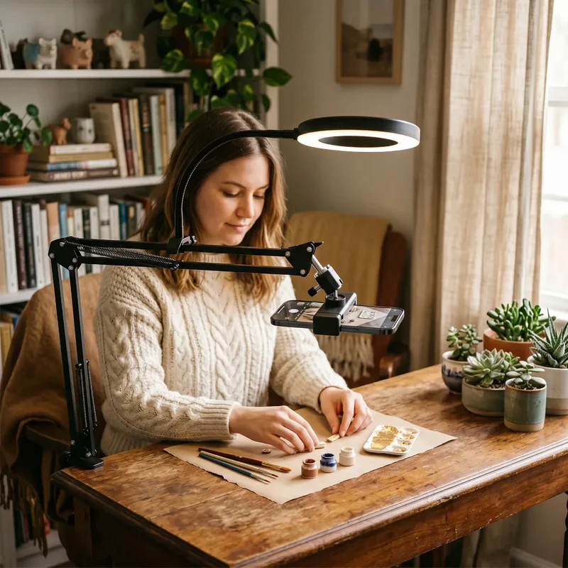 Support téléphone LuminaFlex Pro - Bras articulé en Alu pour Bureau et lit - Posture parfaite et éclairage Ring Light