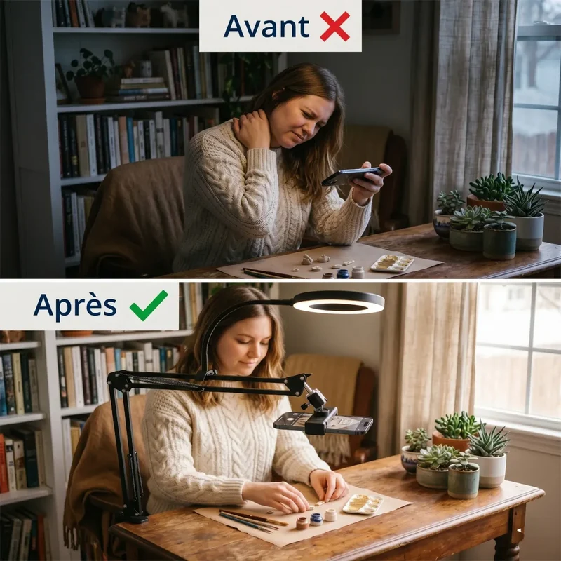 Support téléphone LuminaFlex Pro - Bras articulé en Alu pour Bureau et lit - Posture parfaite et éclairage Ring Light