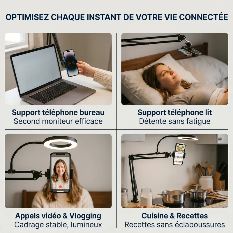 Support téléphone LuminaFlex Pro - Bras articulé en Alu pour Bureau et lit - Posture parfaite et éclairage Ring Light