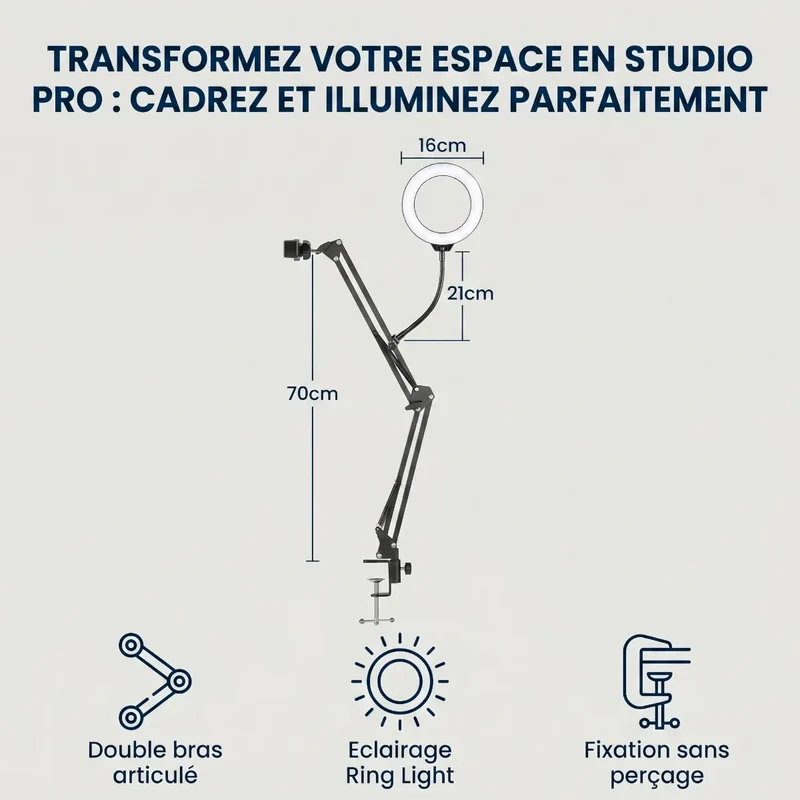 Support téléphone LuminaFlex Pro - Bras articulé en Alu pour Bureau et lit - Posture parfaite et éclairage Ring Light