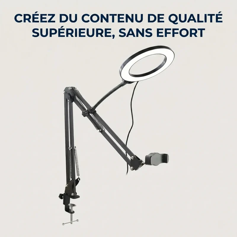 Support téléphone LuminaFlex Pro - Bras articulé en Alu pour Bureau et lit - Posture parfaite et éclairage Ring Light