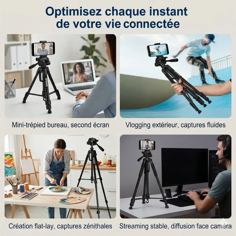 Trépied Téléphone Horizon Pro en Aluminium à Pied Télescopique : Cadrage parfait & Posture ergonomique