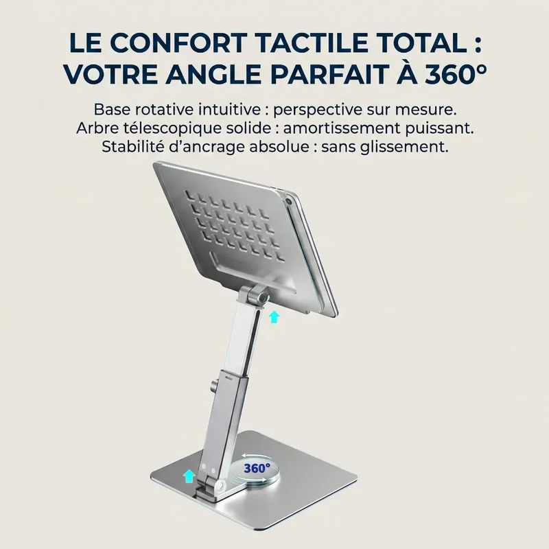 Support tablette Motion360 Aluminium Pied Orientable Ergonomie Tactile