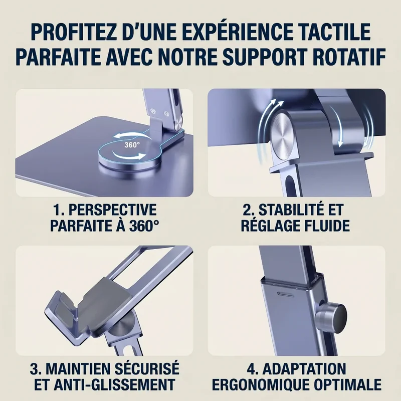 Support tablette Motion360 Aluminium Pied Orientable Ergonomie Tactile
