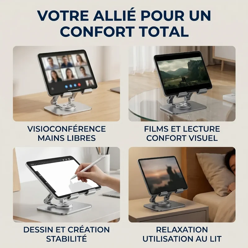 Support tablette ErgoPivot Aluminium Rotatif 360° - Stabilité & Posture