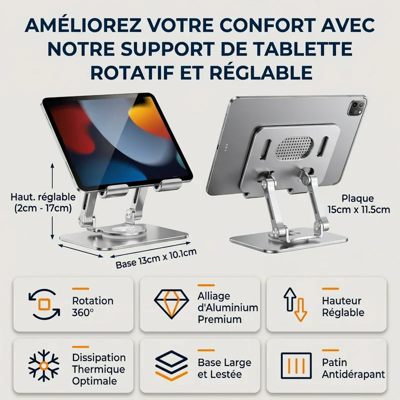 Support tablette ErgoPivot Aluminium Rotatif 360° - Stabilité & Posture