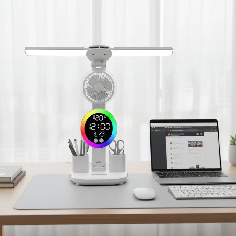 Lampe de Bureau LED Multifonction Avec Ventilateur et Horloge
