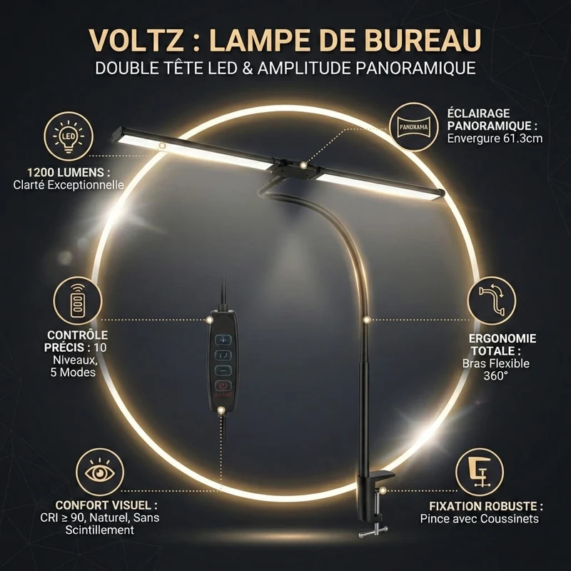 Lampe de Bureau VOLTZ : Double Tête LED & Amplitude Panoramique