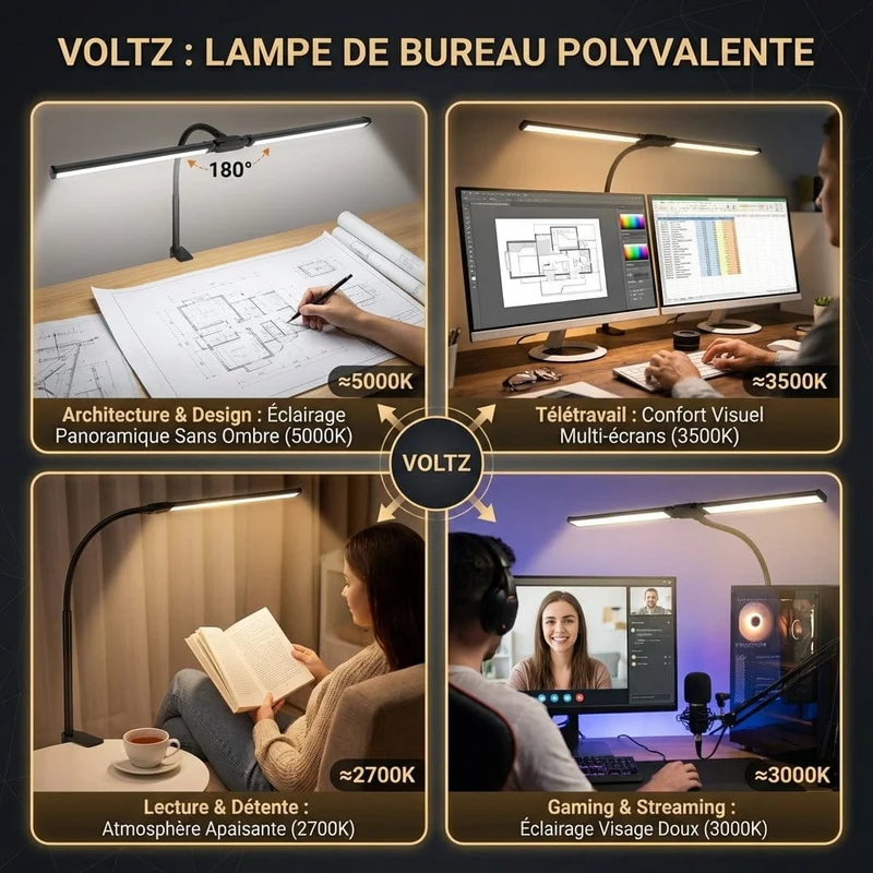 Lampe de Bureau VOLTZ : Double Tête LED & Amplitude Panoramique