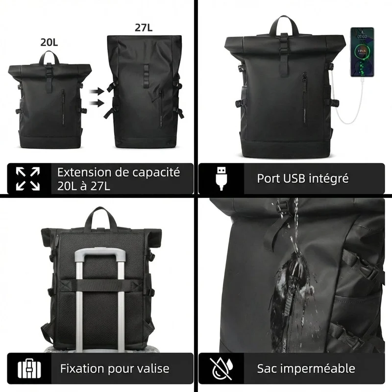 Sac à dos ordinateur homme Crescendo - Confort dorsal et capacité extensible