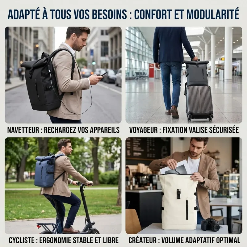 Sac à dos ordinateur homme Crescendo - Confort dorsal et capacité extensible