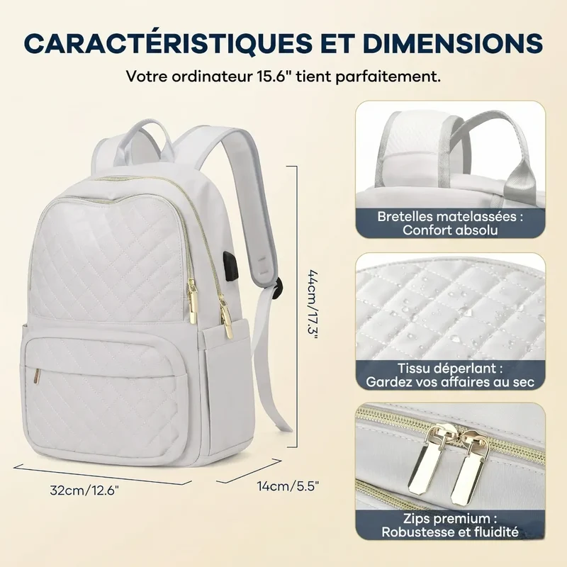 Sac à dos ordinateur femme Séléné - Matelassé Chic & Ergonomique