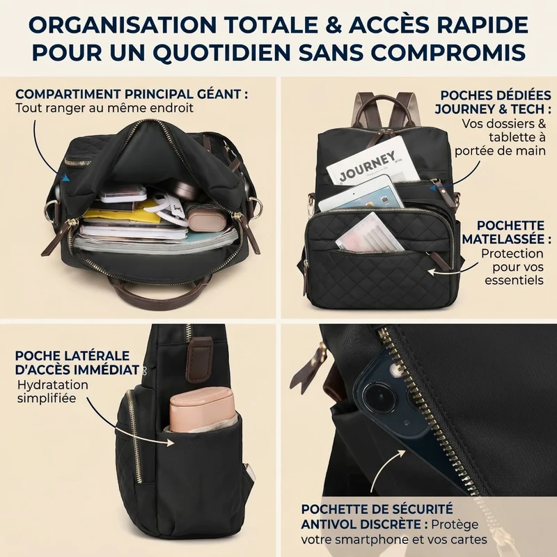 Sac à dos ordinateur femme chic Elysée - Confort Ergonomique & Protection Antichoc