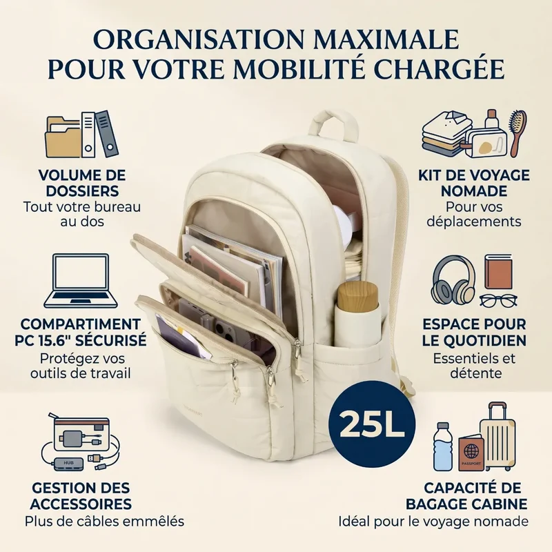 Sac à dos ordinateur femme Elya - Confort Ergonomique & Style Matelassé